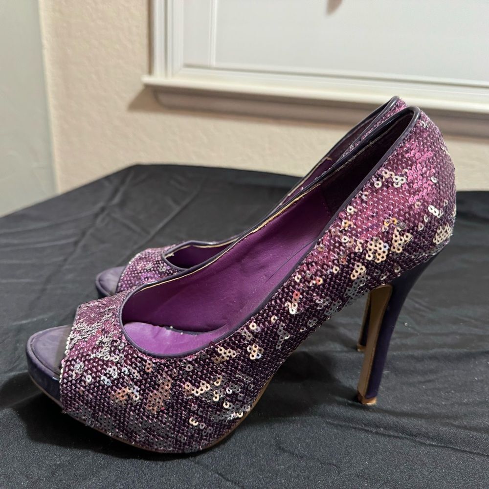 Ellie Purple Sequin Peep-Toe Heels - Size 7 - Picture 9 of 11